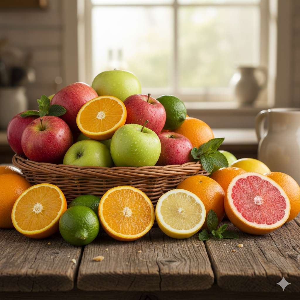 Colorful assortment of vitamin C rich foods