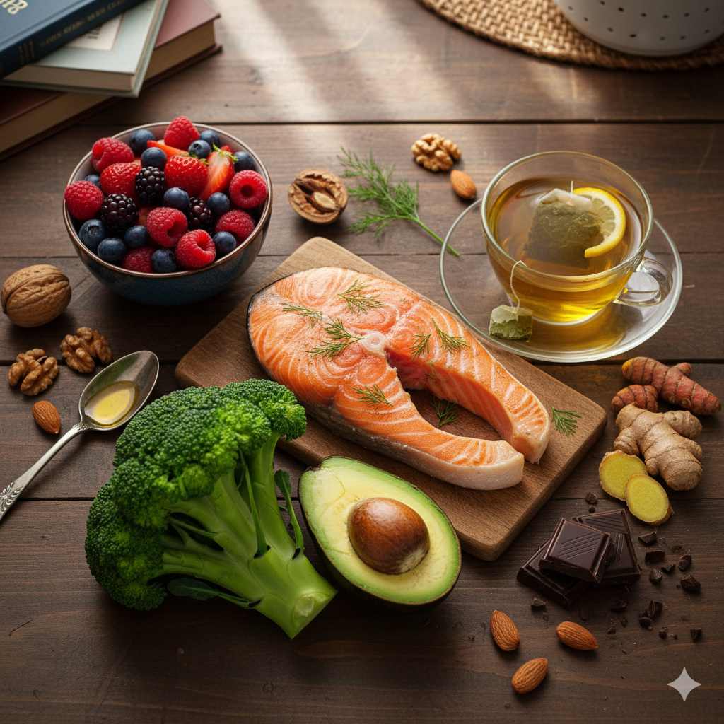 Assortment of nuts, seeds, and leafy greens rich in calcium