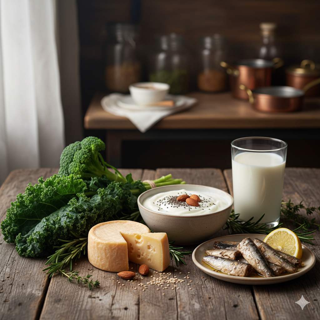 Various calcium-rich foods arranged artistically