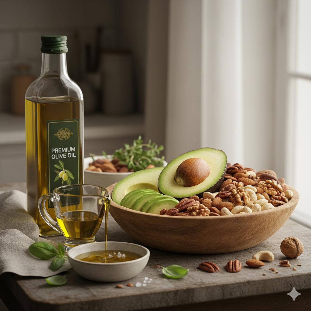 Healthy unsaturated fats from avocados, nuts and olive oil