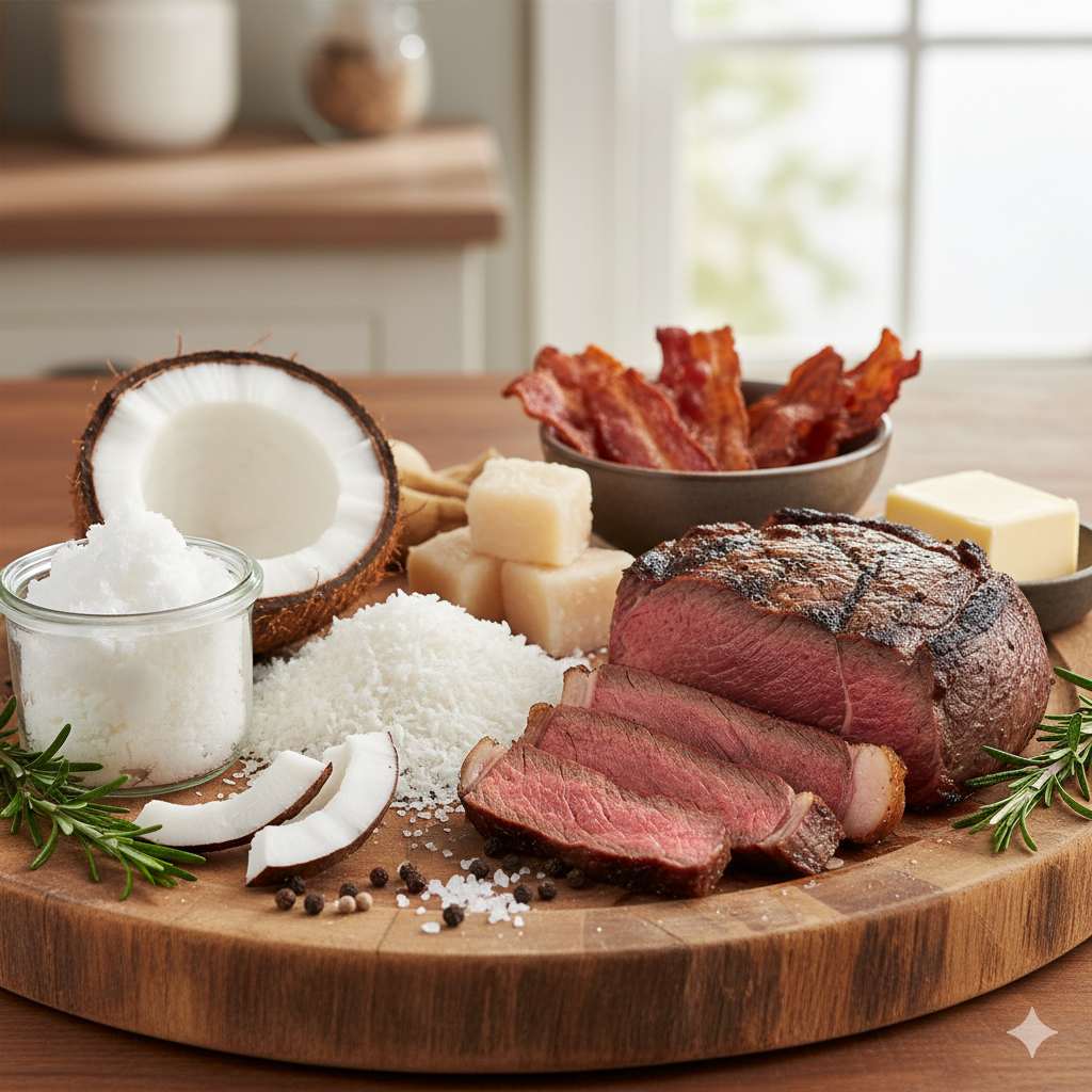 Foods containing saturated fats like coconut and red meat