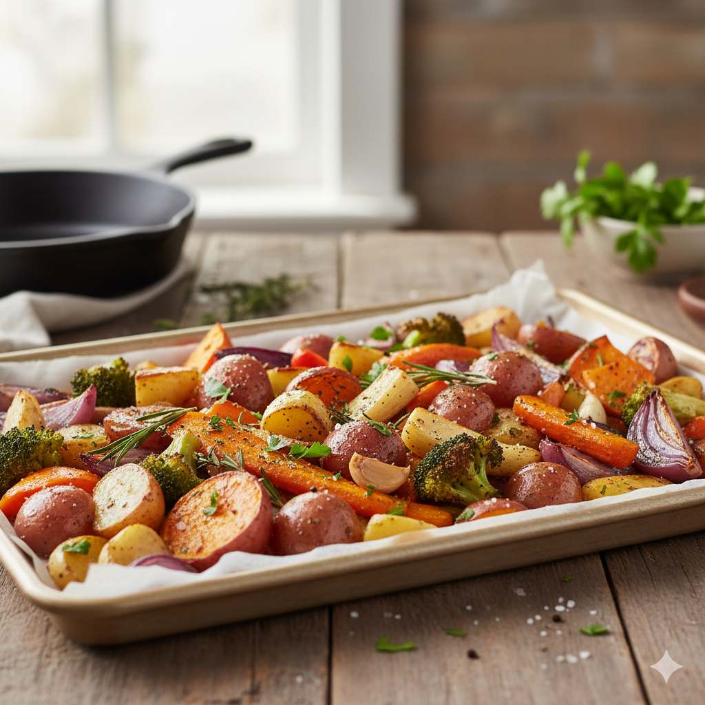 Roasted vegetables on a baking sheet