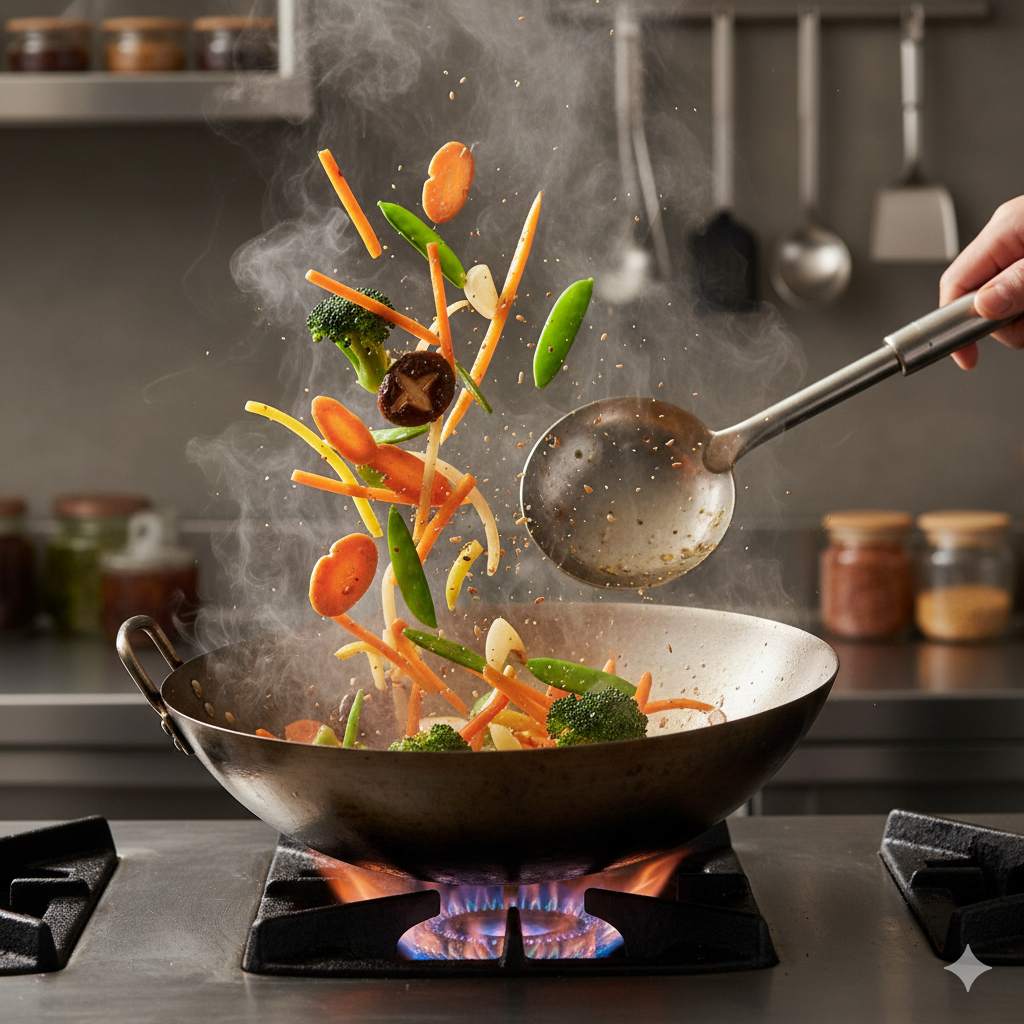 Stir-frying vegetables in a wok