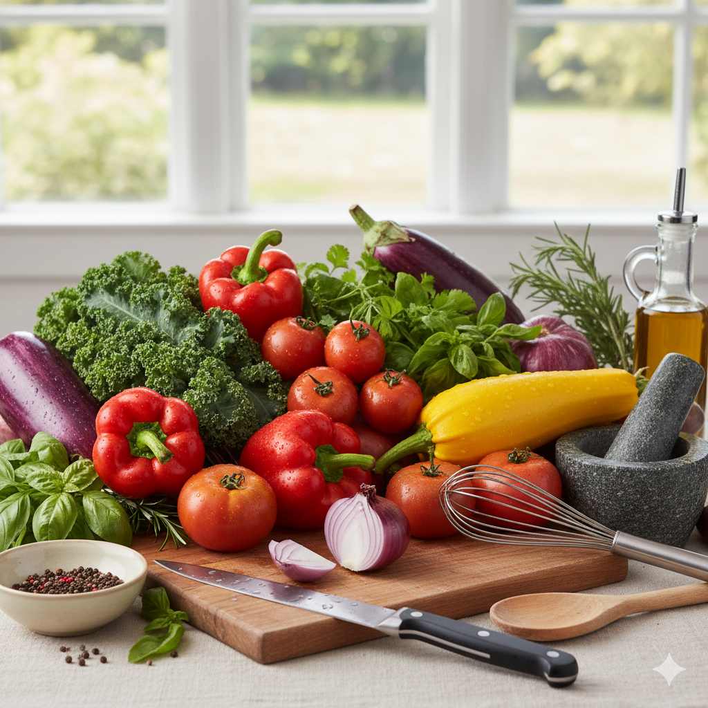 Fresh vegetables and cooking utensils