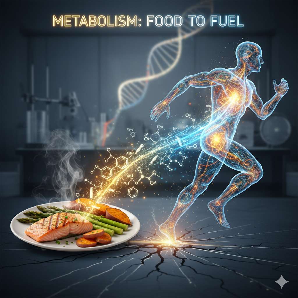 Metabolism concept with gears and healthy foods