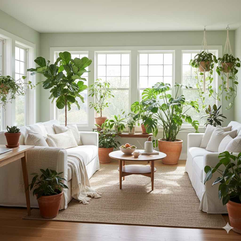 Bright, airy living room with plants