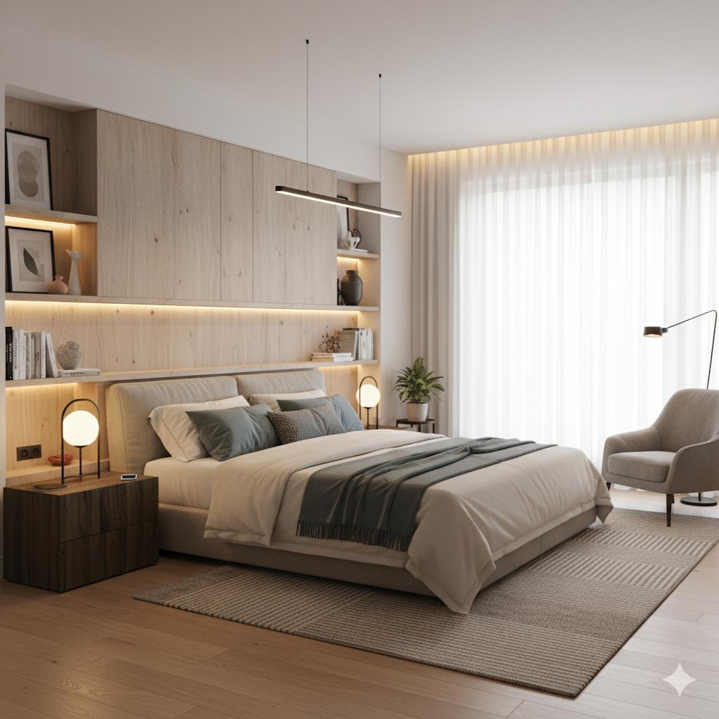 Well-organized bedroom with optimal lighting